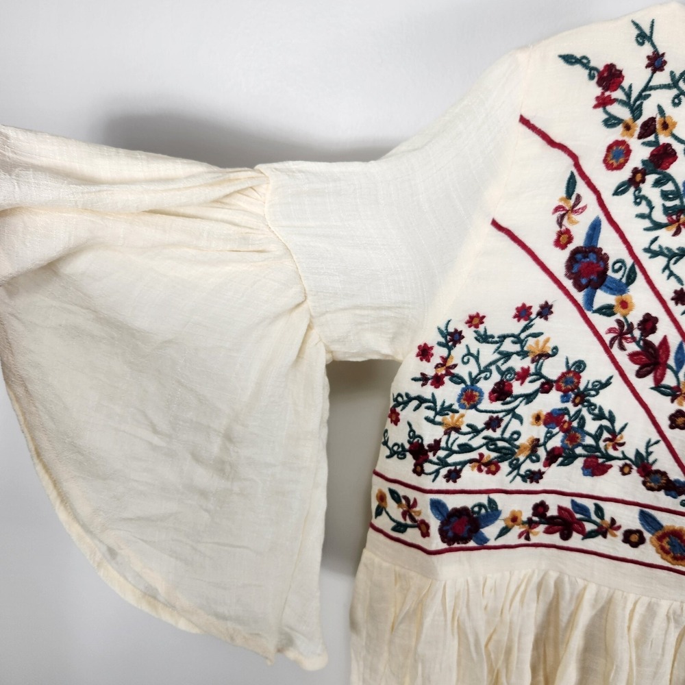 Umgee Boho Floral Embroidered Ruffle Sleeve Ivory Mini Dress Size Small - Picture 4 of 11